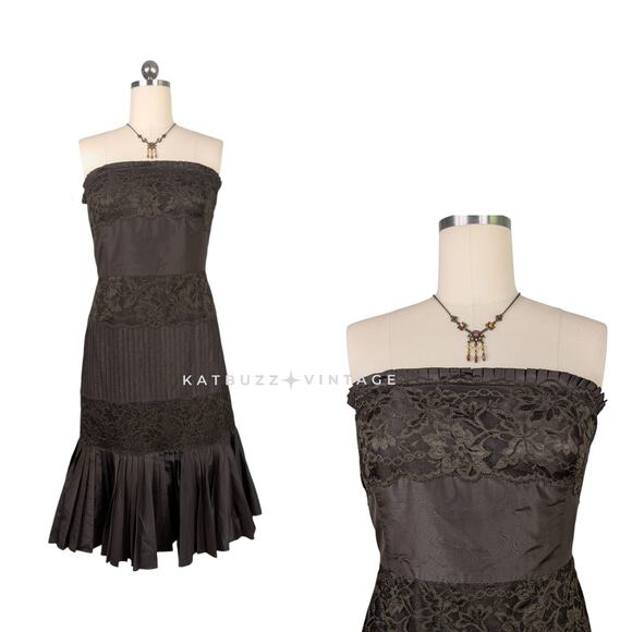 Y2K Midi Dress Cocktail Gown 12 Brown Silk Lace Banana Republic Strapless Glam